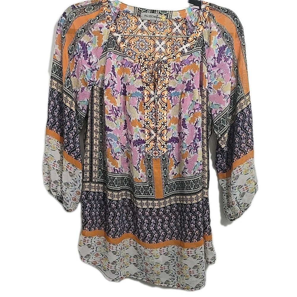 Figueroa & Flower Mixed Print Blouse Womens Size 1X Knot Front 3/4 Sleeve Sheer